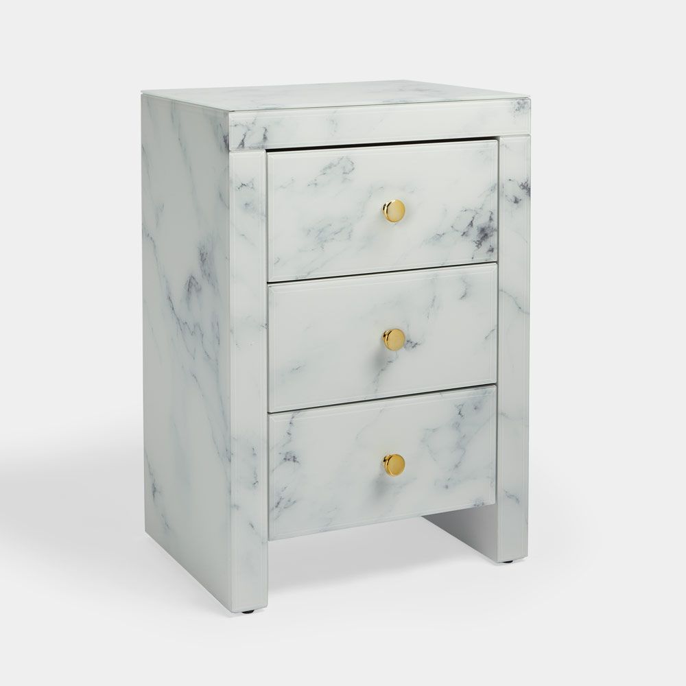 Tempered Glass Nightstand, Marble Nightstand With 3 Drawers,Side Table For Bedroom, Living Room Matte White Mdf