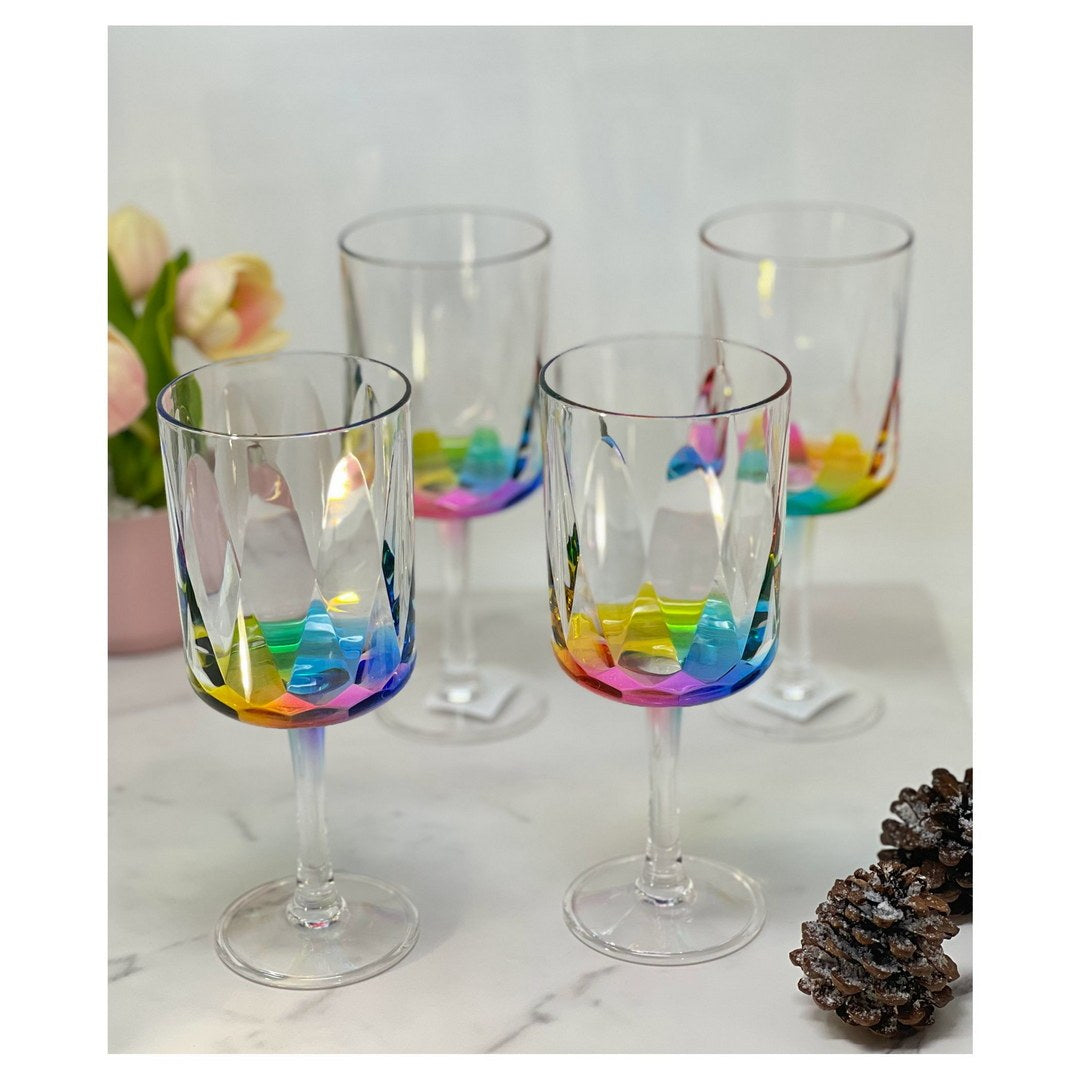 Rainbow Diamond Plastic Wine Glasses Set Of 4 16Oz , Bpa Free Acrylic Wine Glass Set, Unbreakable Red Wine Glasses, White Wine Glasses Clear Acrylic