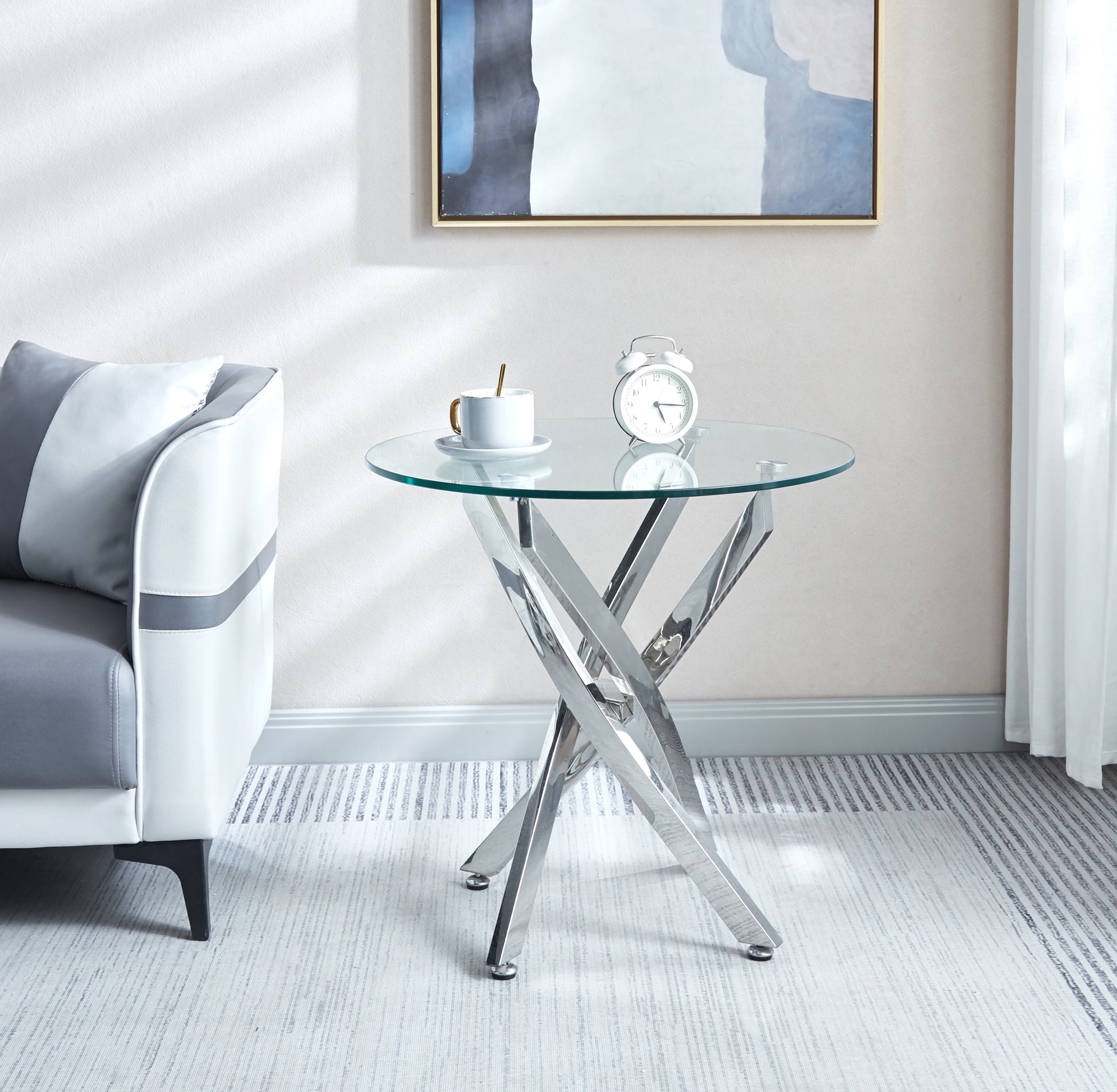 Modern Round Tempered Glass End Table With Chrome Legs Silver Tempered Glass