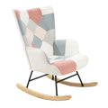 Accent Rocking Chair, Mid Century Fabric Rocker Chair With Wood Legs And Patchwork Linen For Livingroom Bedroom Pink Solid Wood