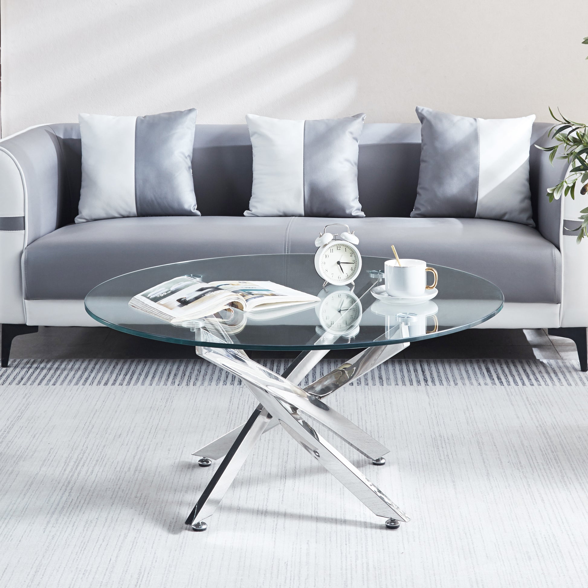 Modern Round Tempered Glass Coffee Table With Chrome Legs Silver Tempered Glass