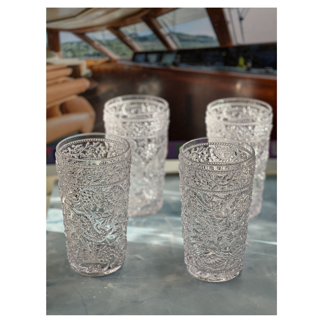 Paisley Acrylic Glasses Drinking Set Of 4 Hi Ball 17Oz , Plastic Drinking Glasses, Bpa Free Cocktail Glasses, Drinkware Set, Drinking Water Glasses Clear Acrylic