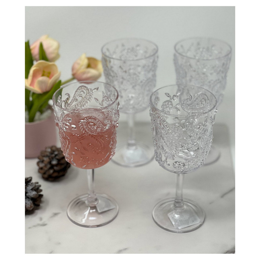 Paisley Plastic Wine Glasses Set Of 4 13Oz , Bpa Free Acrylic Wine Glass Set, Unbreakable Red Wine Glasses, White Wine Glasses Clear Acrylic