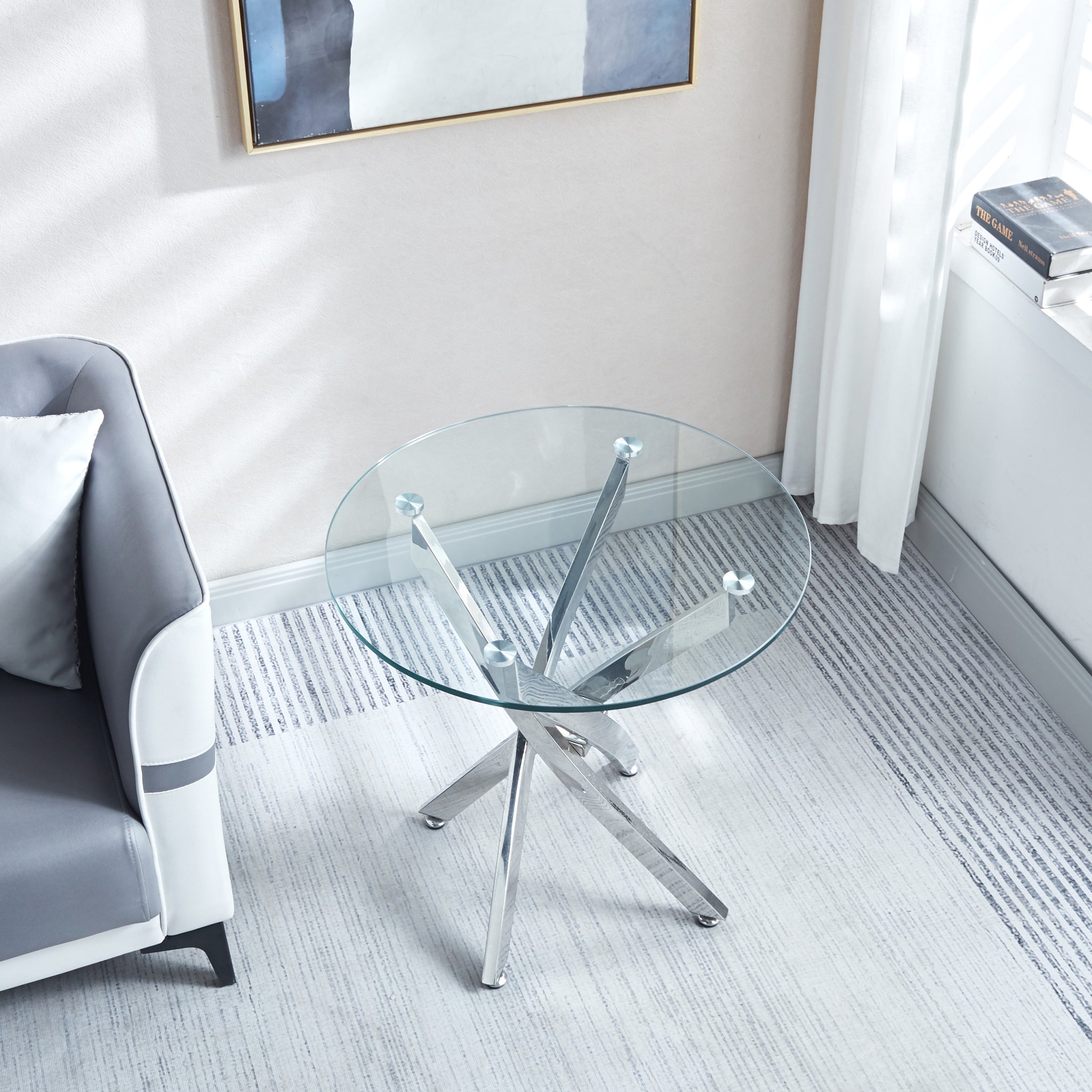 Modern Round Tempered Glass End Table With Chrome Legs Silver Tempered Glass