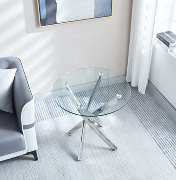 Modern Round Tempered Glass End Table With Chrome Legs Silver Tempered Glass