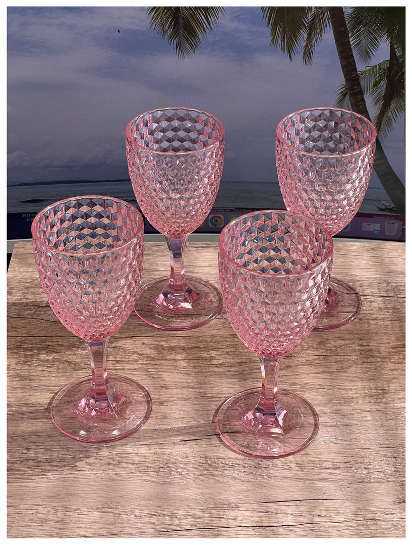 Diamond Cut Plastic Wine Glasses Set Of 4 12Oz , Bpa Free Acrylic Wine Glass Set, Unbreakable Red Wine Glasses, White Wine Glasses Pink Acrylic