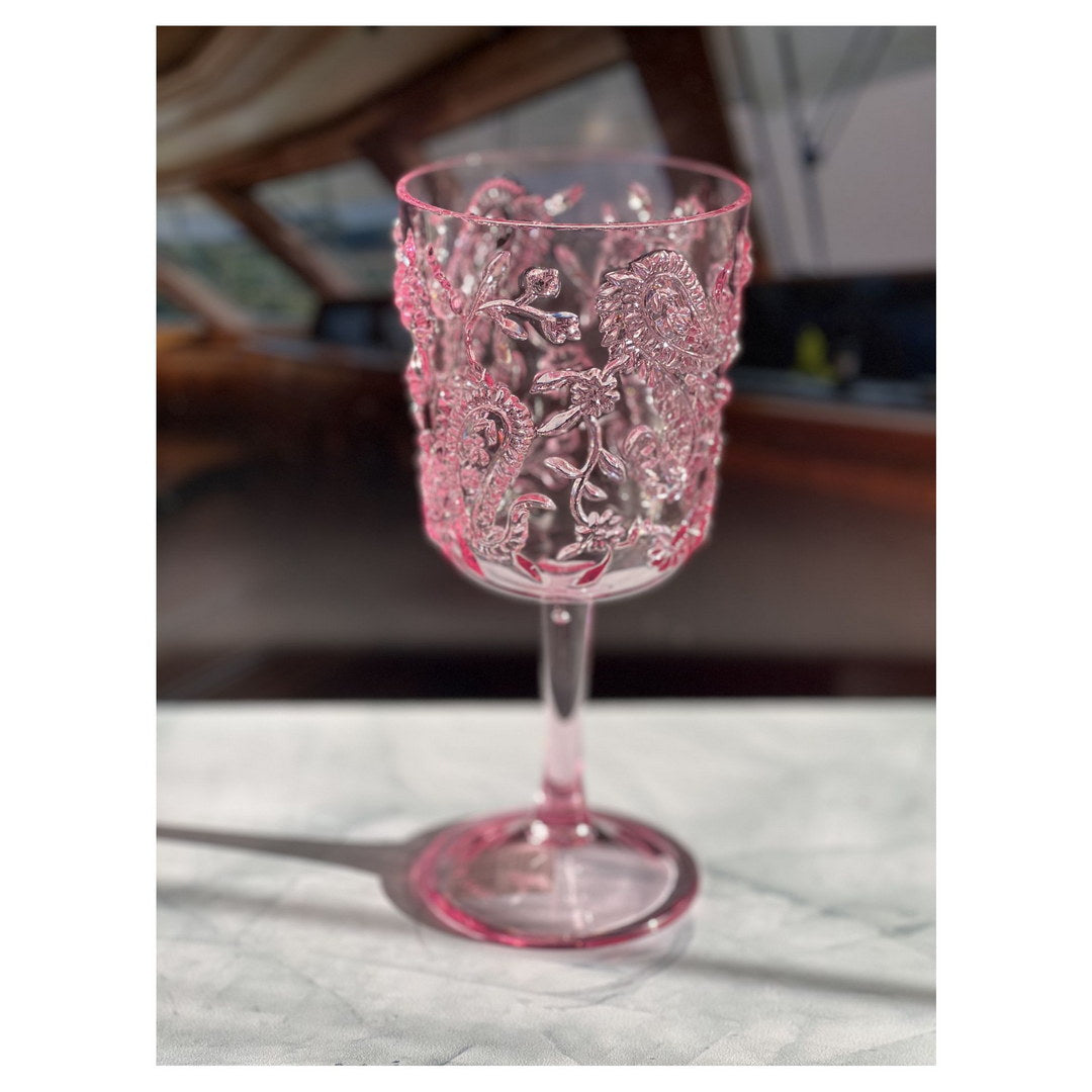 Paisley Plastic Wine Glasses Set Of 4 13Oz , Bpa Free Acrylic Wine Glass Set, Unbreakable Red Wine Glasses, White Wine Glasses Pink Acrylic