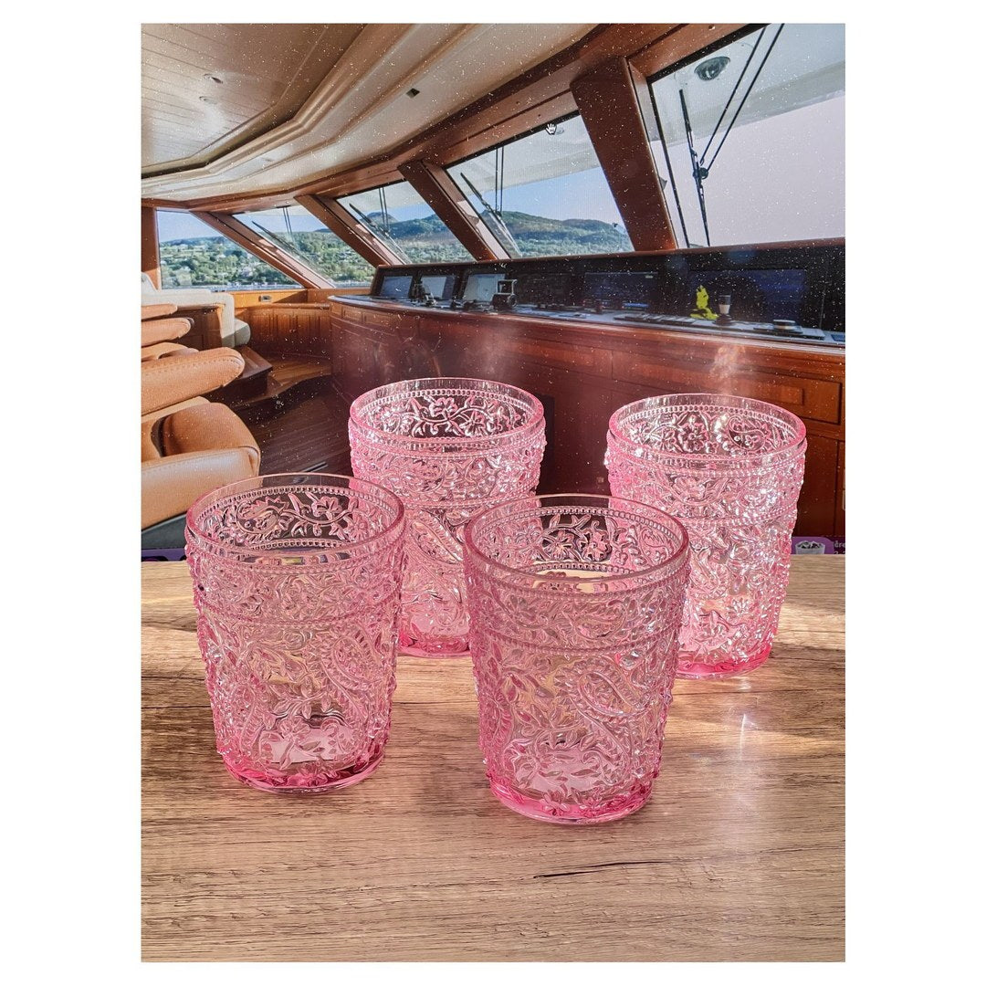 Paisley Acrylic Glasses Drinking Set Of 4 Dof 13Oz , Plastic Drinking Glasses, Bpa Free Cocktail Glasses, Drinkware Set, Drinking Water Glasses Pink Acrylic