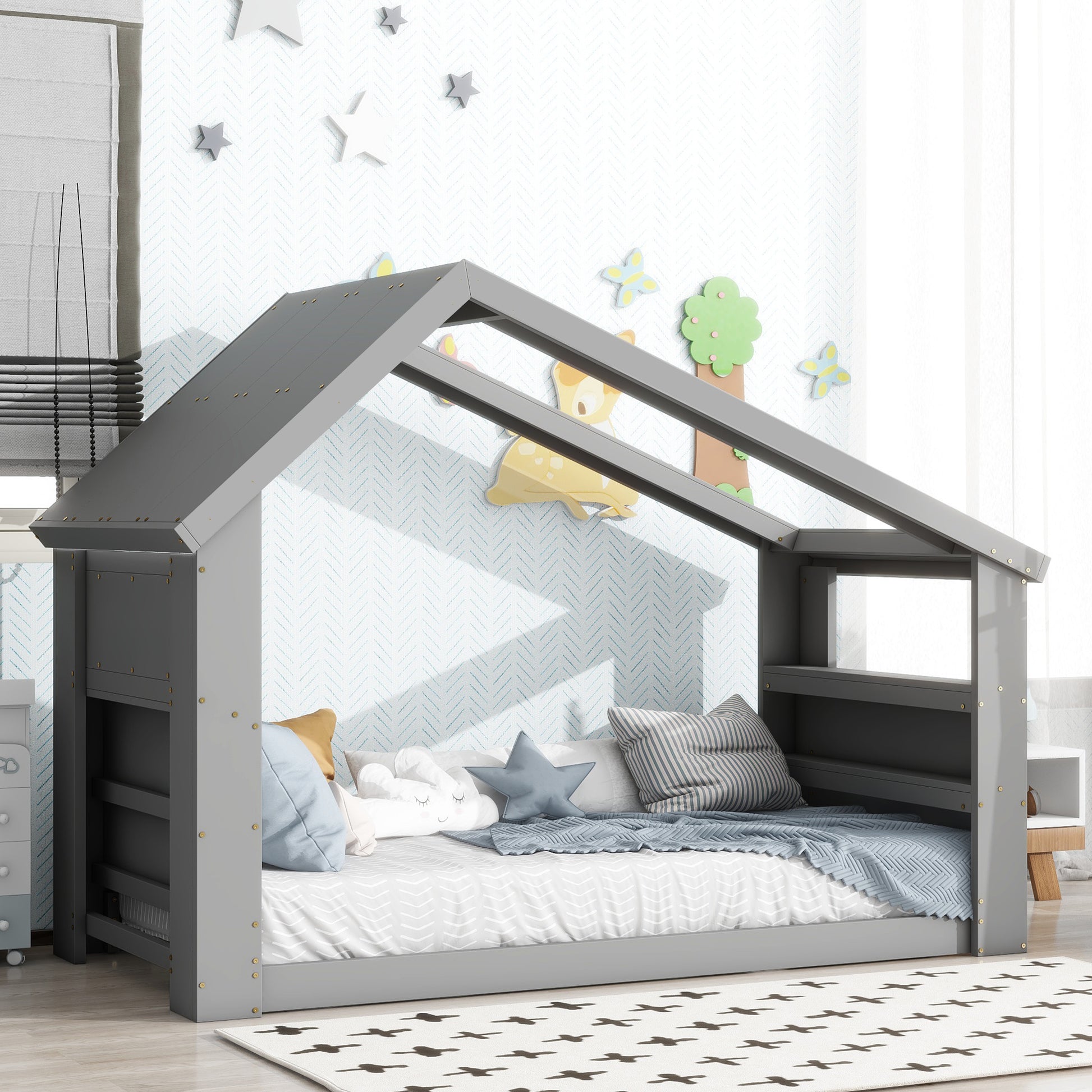 Twin House Floor Bed With Roof Window, Led Light,Grey Twin Grey Wood Bedroom American Design Pine Pine