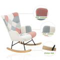 Accent Rocking Chair, Mid Century Fabric Rocker Chair With Wood Legs And Patchwork Linen For Livingroom Bedroom Pink Solid Wood