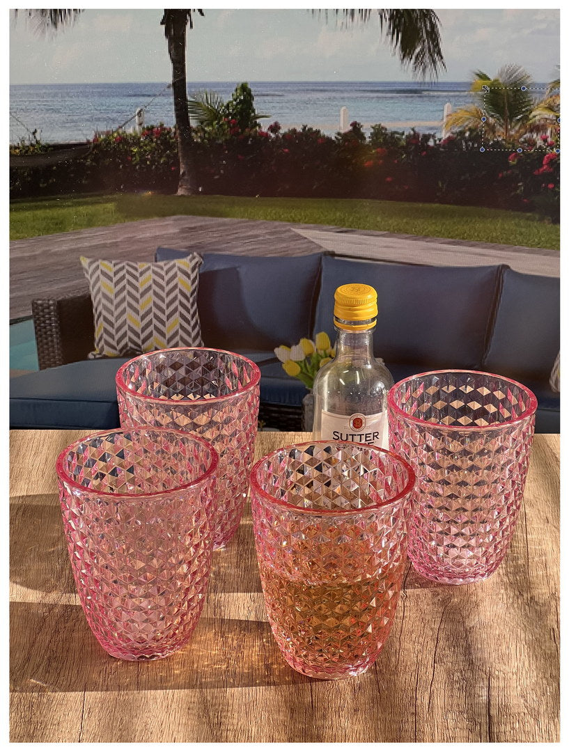 Diamond Cut Acrylic Glasses Drinking Set Of 4 12Oz , Plastic Drinking Glasses, Bpa Free Cocktail Glasses, Drinkware Set, Drinking Water Glasses Pink Acrylic