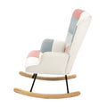 Accent Rocking Chair, Mid Century Fabric Rocker Chair With Wood Legs And Patchwork Linen For Livingroom Bedroom Pink Solid Wood