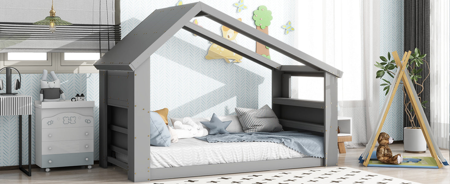 Twin House Floor Bed With Roof Window, Led Light,Grey Twin Grey Wood Bedroom American Design Pine Pine