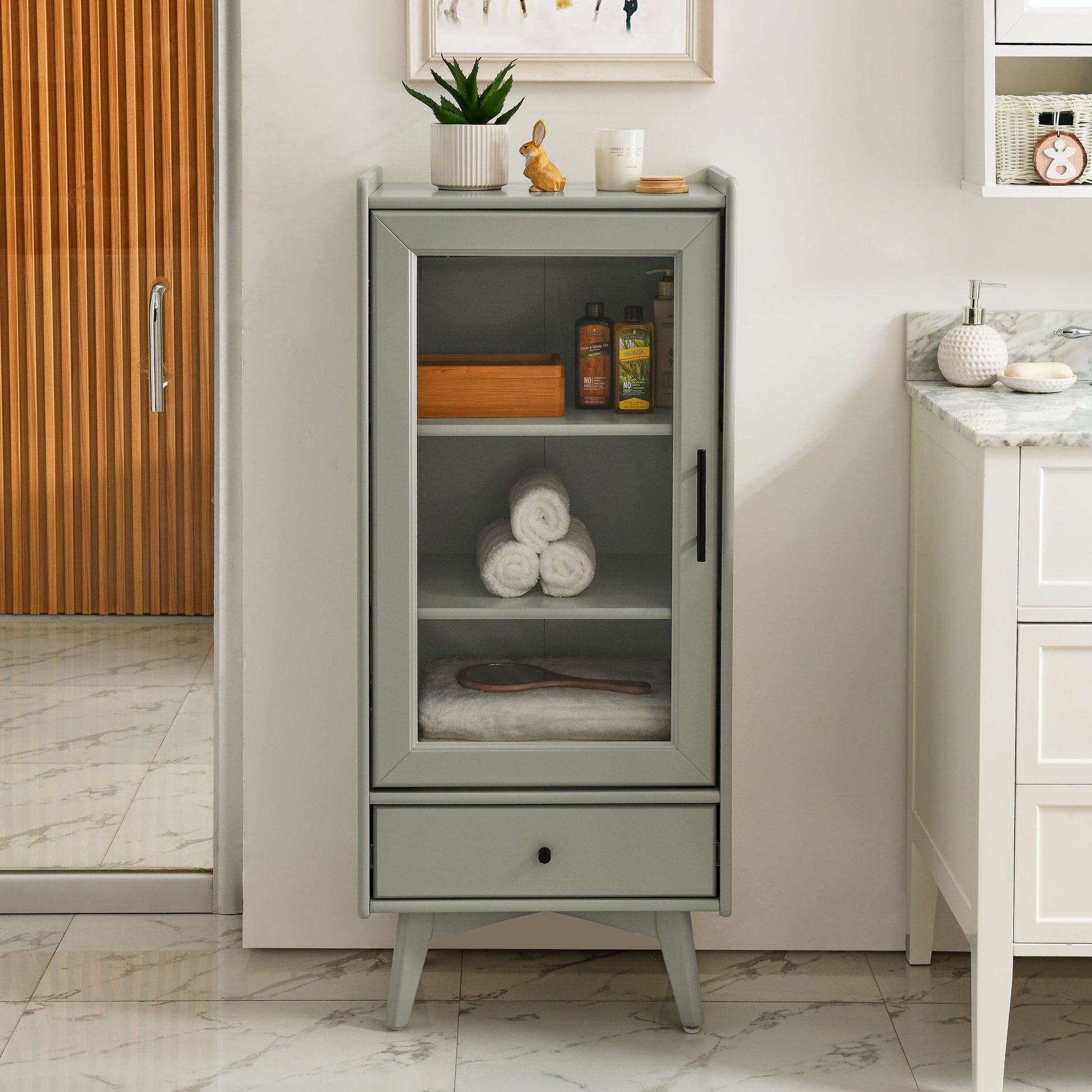 Modern Bathroom Storage Cabinet & Floor Standing Cabinet With Glass Door With Double Adjustable Shelves And One Drawer, Extra Storage Space On Top, Gray 19.75" 13.75" 46" Gray Mdf Glass