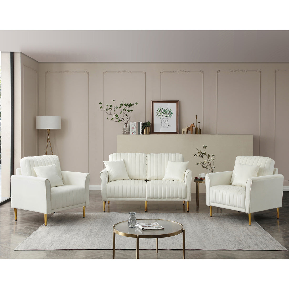 Living Room Sofa Set Of 3, Loveseat Sofa Couch And Comfy Accent Arm Chair W Pillows, Metal Legs, Upholstered Modern Furniture For Bedroom, Office, Small Space, Apartment Cream White Cream Foam Velvet