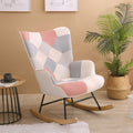 Accent Rocking Chair, Mid Century Fabric Rocker Chair With Wood Legs And Patchwork Linen For Livingroom Bedroom Pink Solid Wood