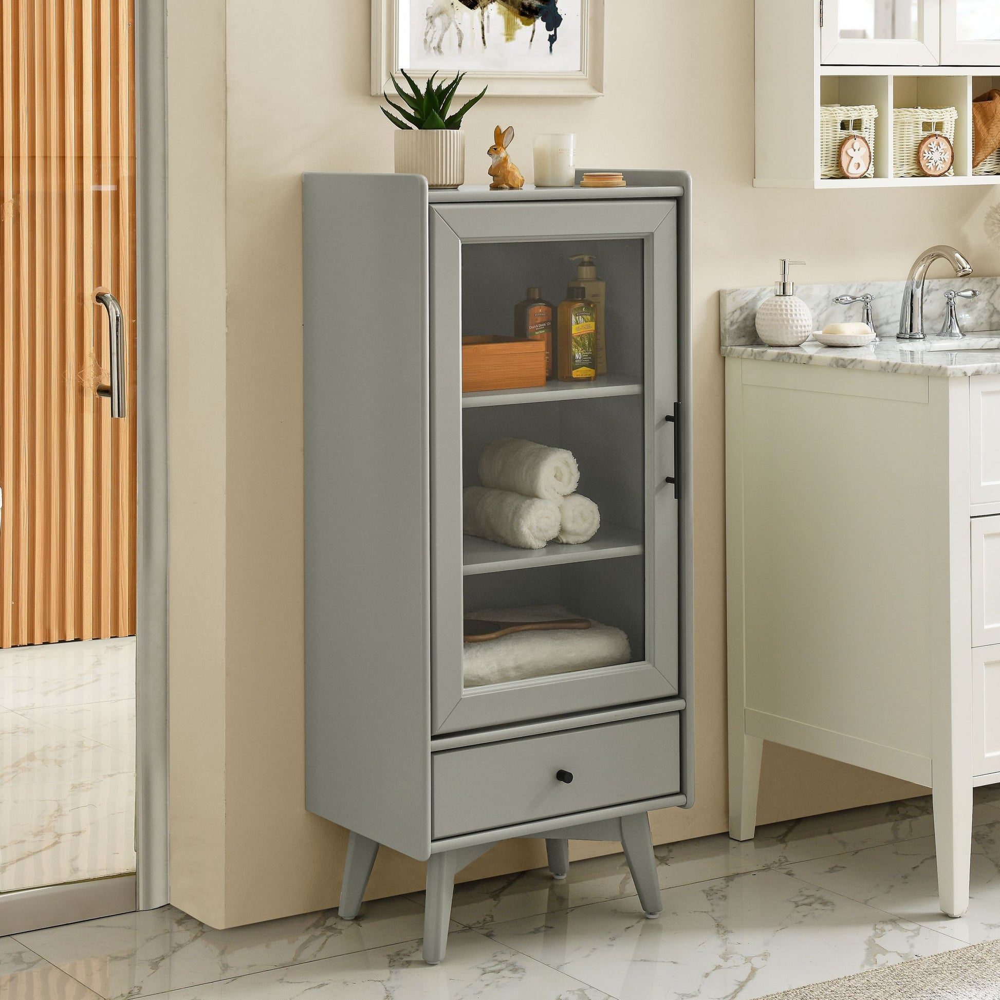 Modern Bathroom Storage Cabinet & Floor Standing Cabinet With Glass Door With Double Adjustable Shelves And One Drawer, Extra Storage Space On Top, Gray 19.75" 13.75" 46" Gray Mdf Glass