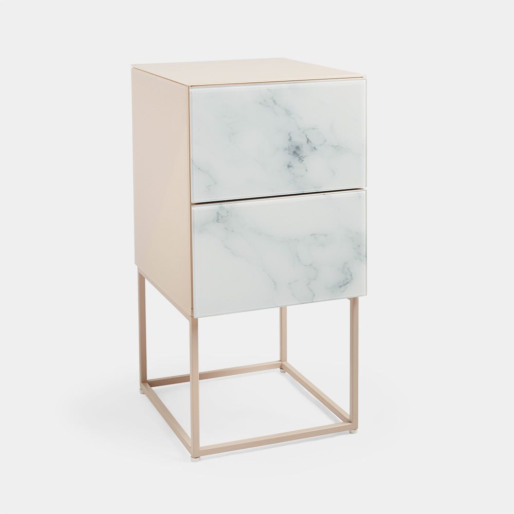 Tempered Glass Marble Stone Double Drawer Bedside Table For Bedroom, Living Room Pink White Mdf Glass