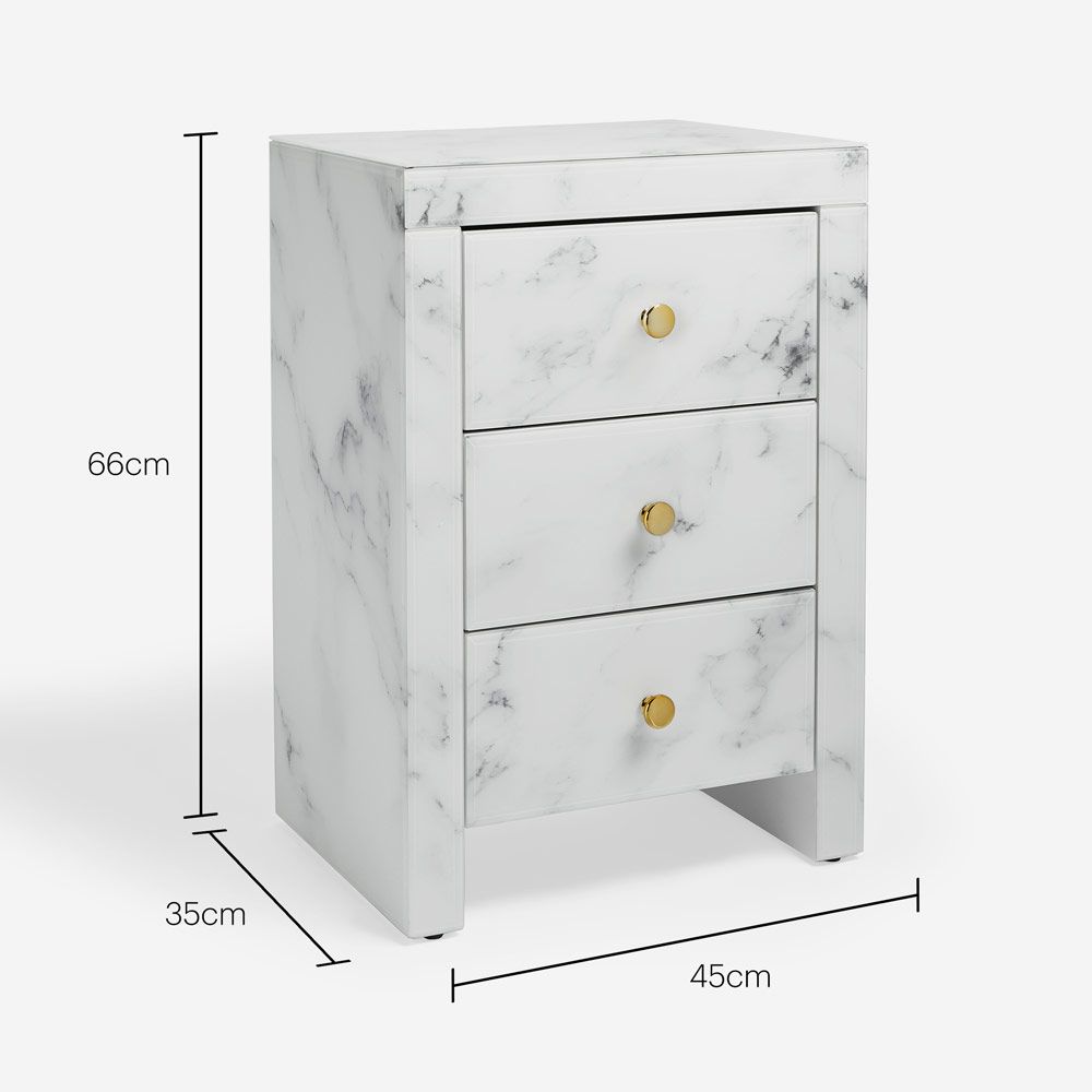 Tempered Glass Nightstand, Marble Nightstand With 3 Drawers,Side Table For Bedroom, Living Room Matte White Mdf