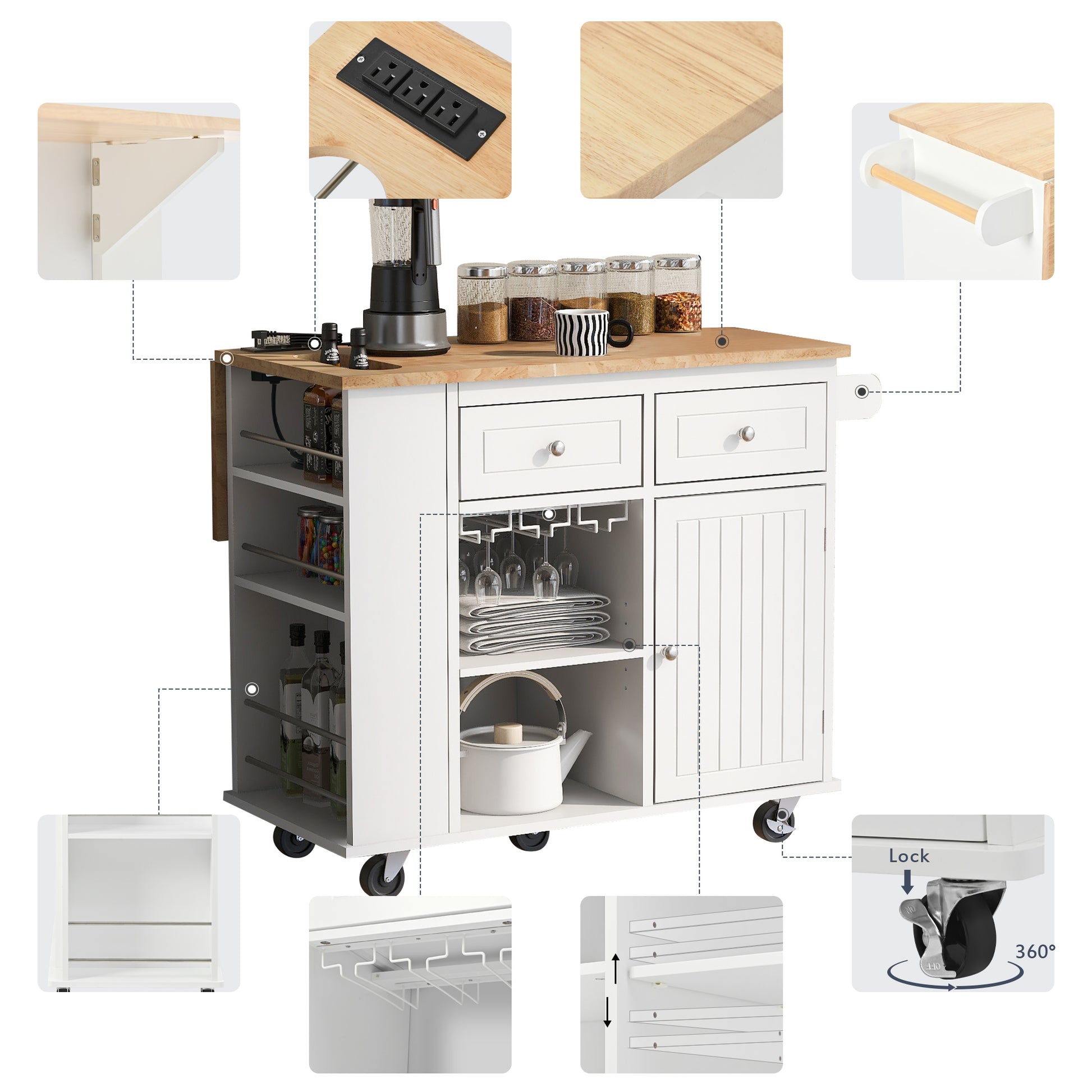 Kitchen Island With Power Outlet,Kitchen Storage Island With Drop Leaf And Rubber Wood,Open Storage And Wine Rack,5 Wheels,With Adjustable Storage For Home, Kitchen, And Dining Room,White White Mdf