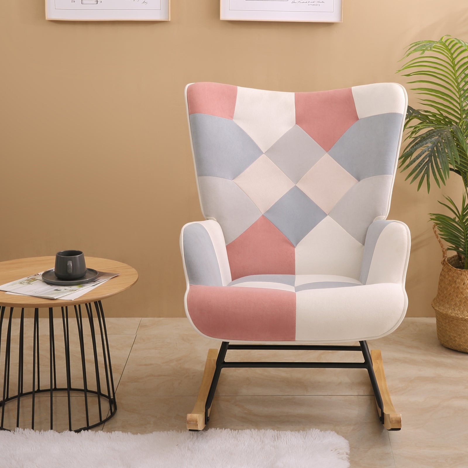 Accent Rocking Chair, Mid Century Fabric Rocker Chair With Wood Legs And Patchwork Linen For Livingroom Bedroom Pink Solid Wood