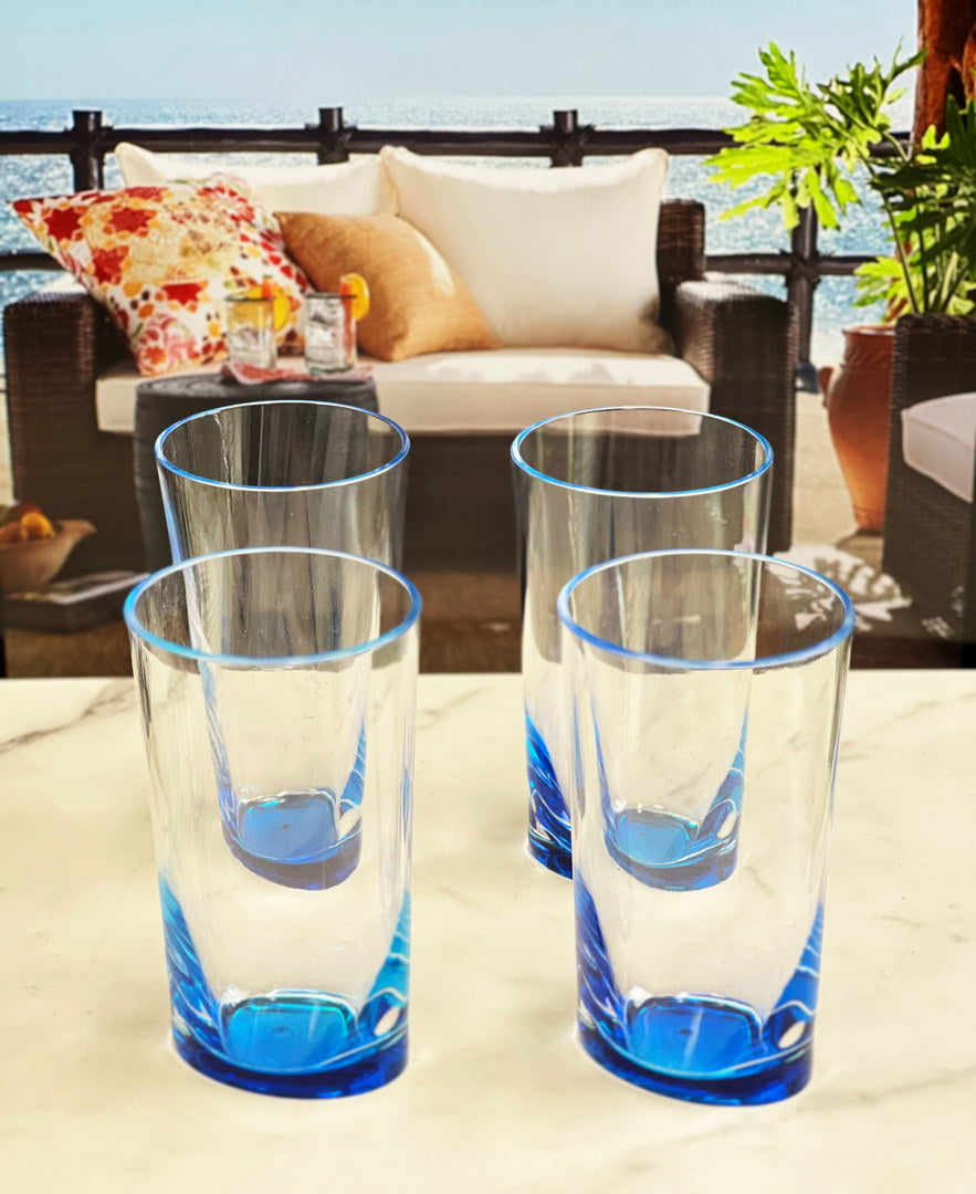 Oval Halo Acrylic Glasses Drinking Set Of 4 Hi Ball 15Oz , Plastic Drinking Glasses, Bpa Free Cocktail Glasses, Drinkware Set, Plastic Water Tumblers Blue Acrylic