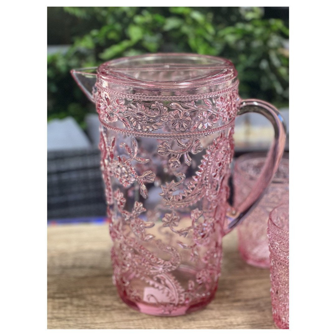 2.5 Quarts Water Pitcher With Lid, Paisley Unbreakable Plastic Pitcher, Drink Pitcher, Juice Pitcher With Spout Bpa Free Pink Acrylic