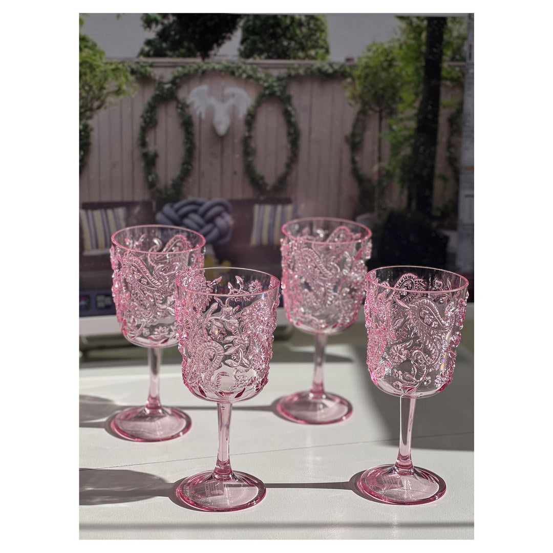 Paisley Plastic Wine Glasses Set Of 4 13Oz , Bpa Free Acrylic Wine Glass Set, Unbreakable Red Wine Glasses, White Wine Glasses Pink Acrylic