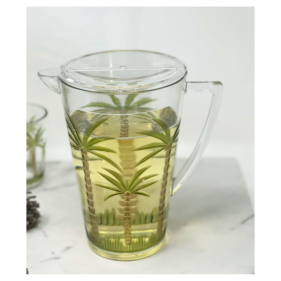 2.75 Quarts Water Pitcher With Lid, Palm Tree Design Unbreakable Plastic Pitcher, Drink Pitcher, Juice Pitcher With Spout Bpa Free Clear Acrylic