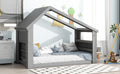 Twin House Floor Bed With Roof Window, Led Light,Grey Twin Grey Wood Bedroom American Design Pine Pine