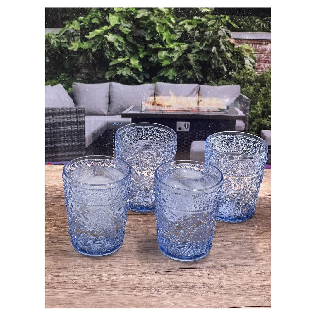 Paisley Acrylic Glasses Drinking Set Of 4 Dof 13Oz , Plastic Drinking Glasses, Bpa Free Cocktail Glasses, Drinkware Set, Drinking Water Glasses Blue Acrylic