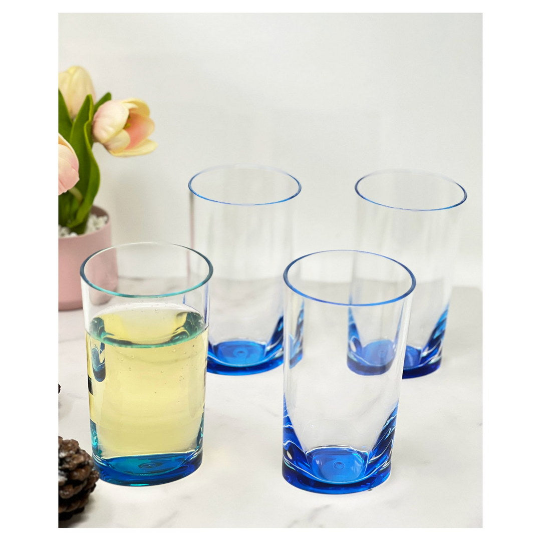 Oval Halo Acrylic Glasses Drinking Set Of 4 Hi Ball 15Oz , Plastic Drinking Glasses, Bpa Free Cocktail Glasses, Drinkware Set, Plastic Water Tumblers Blue Acrylic