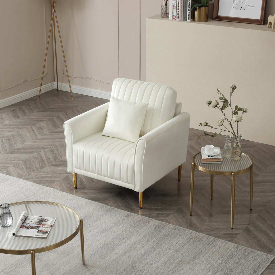 Mid Century Modern Velvet Fabric Accent Chair Armchair For Living Room Bedroom Channel Tufted Upholstered Comfortable Cream Color Reading Armchair Beige Foam Velvet