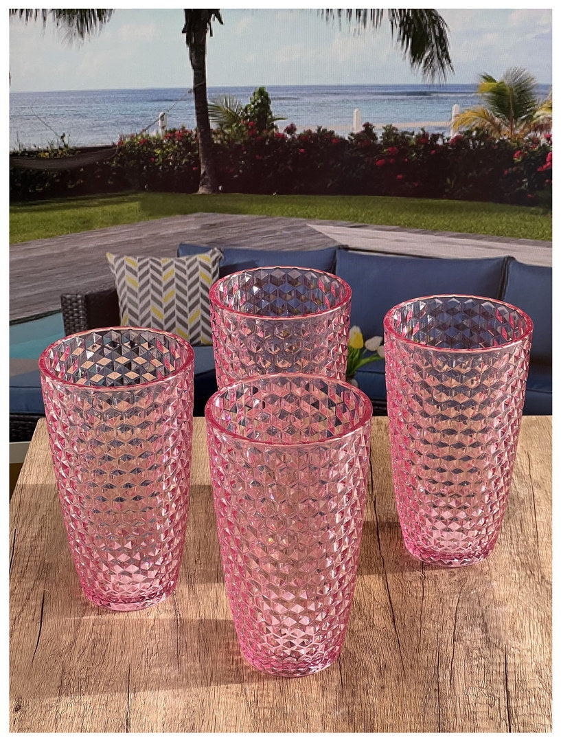 Diamond Cut Acrylic Glasses Drinking Set Of 4 19Oz , Plastic Drinking Glasses, Bpa Free Cocktail Glasses, Drinkware Set, Drinking Water Glasses Pink Acrylic