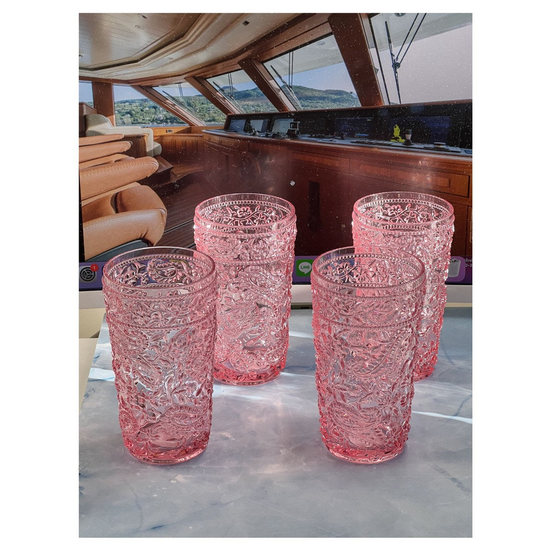 Paisley Acrylic Glasses Drinking Set Of 4 Hi Ball 17Oz , Plastic Drinking Glasses, Bpa Free Cocktail Glasses, Drinkware Set, Drinking Water Glasses Pink Acrylic