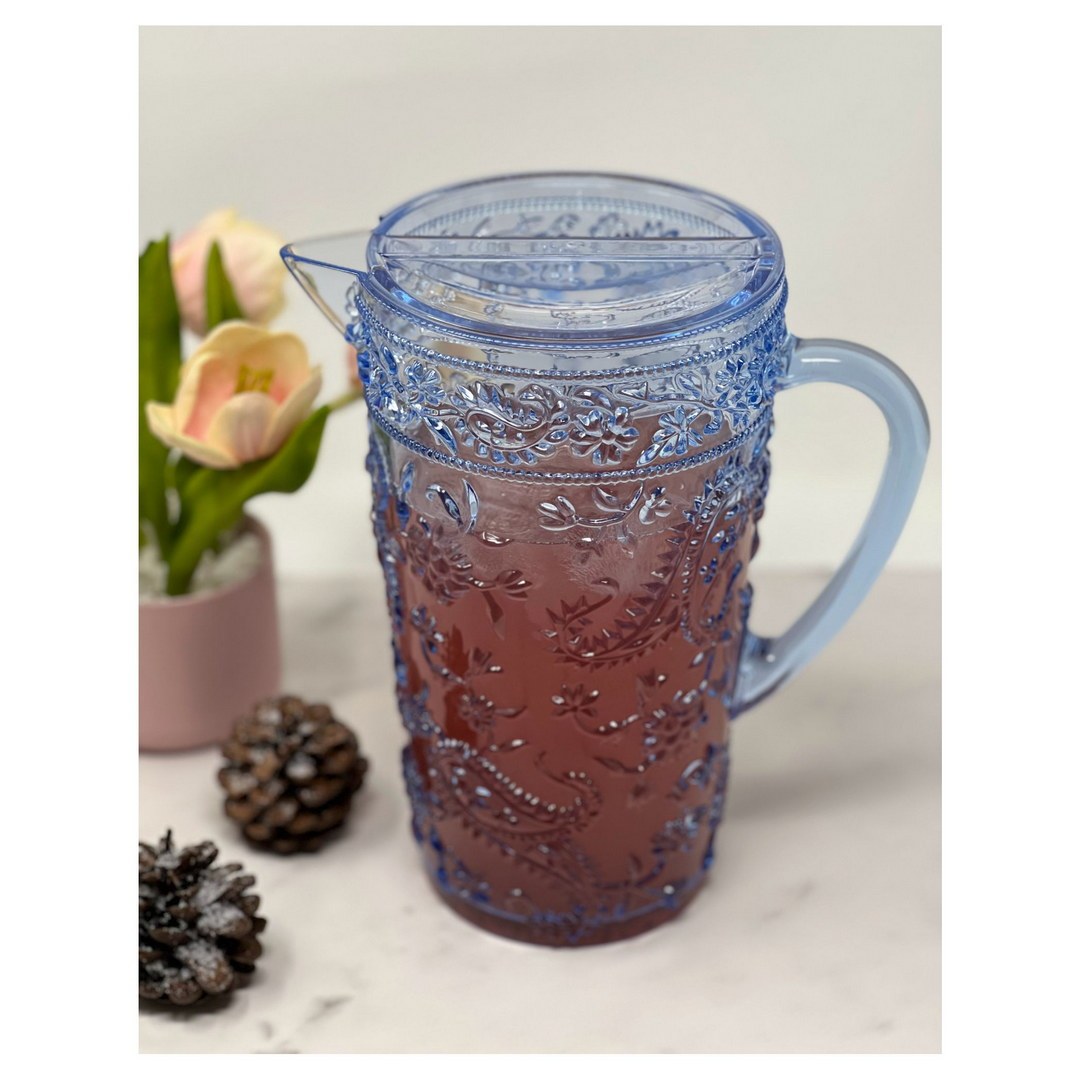 2.5 Quarts Water Pitcher With Lid, Paisley Unbreakable Plastic Pitcher, Drink Pitcher, Juice Pitcher With Spout Bpa Free Blue Acrylic