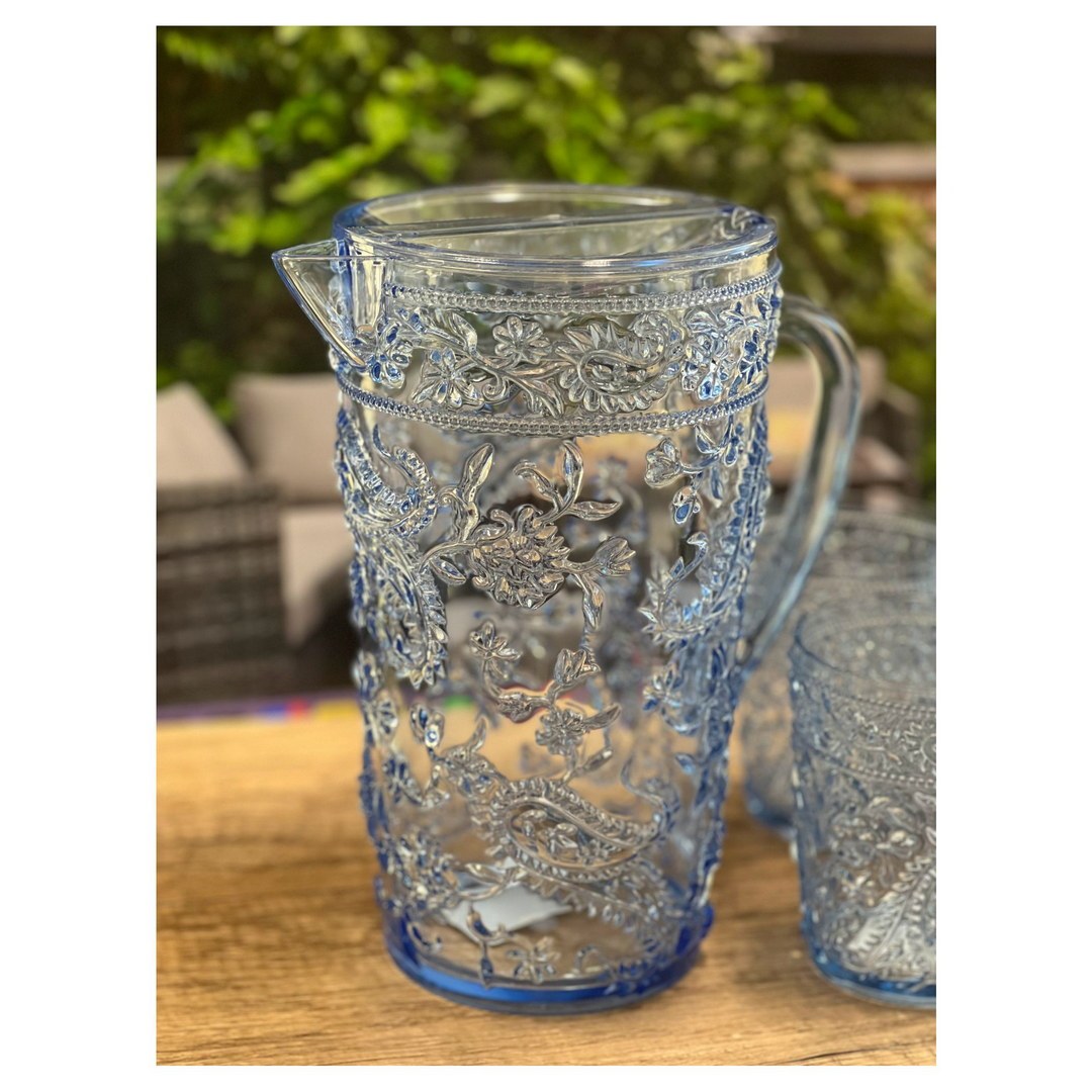 2.5 Quarts Water Pitcher with Lid, Paisley Unbreakable blue-acrylic