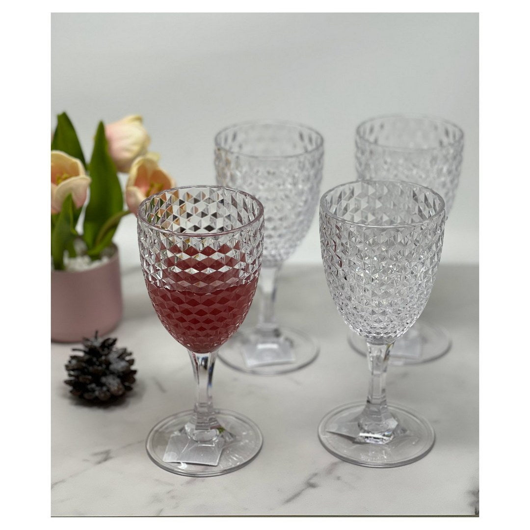 Diamond Cut Plastic Wine Glasses Set of 4 12oz , BPA clear-acrylic