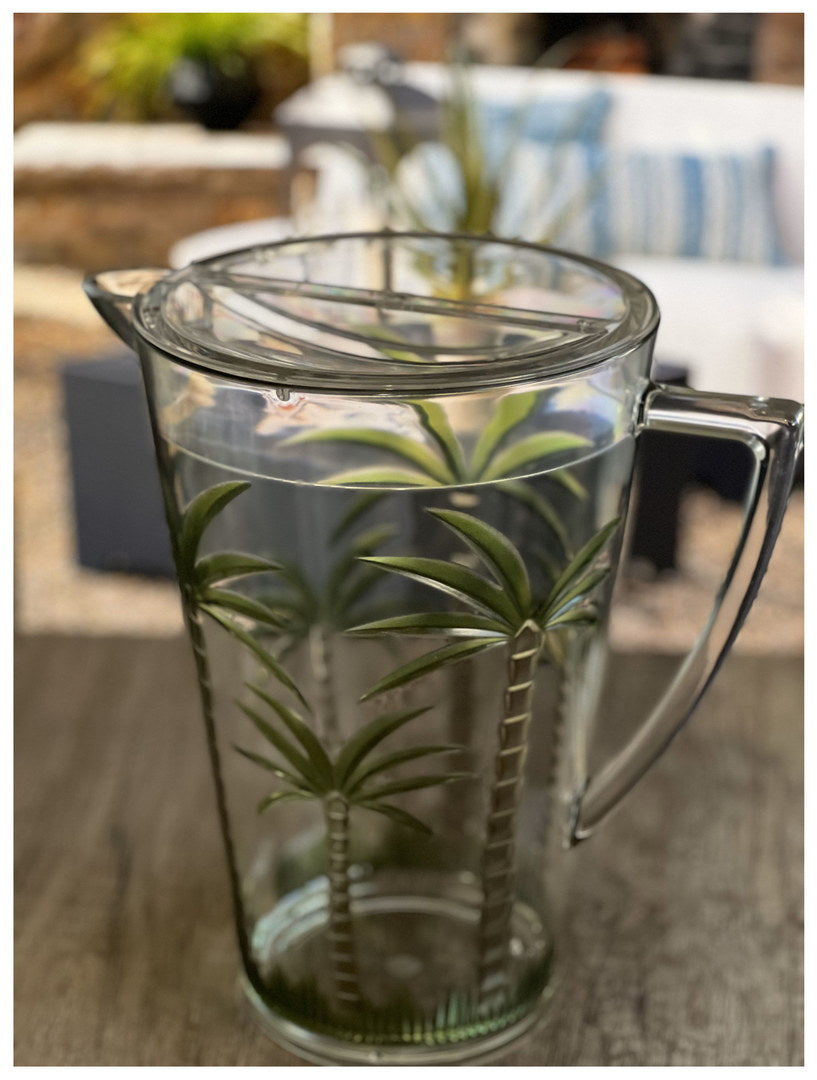 2.75 Quarts Water Pitcher With Lid, Palm Tree Design Unbreakable Plastic Pitcher, Drink Pitcher, Juice Pitcher With Spout Bpa Free Clear Acrylic