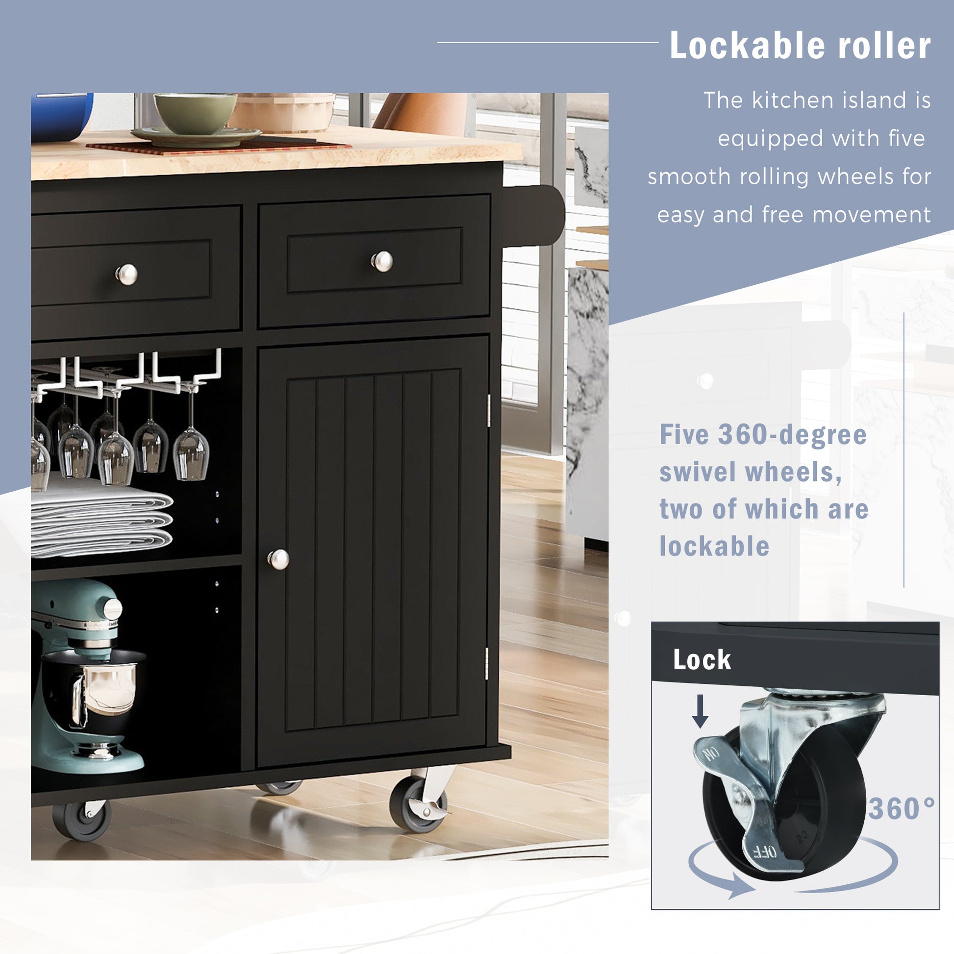 Kitchen Island with Power Outlet,Kitchen Storage black-mdf