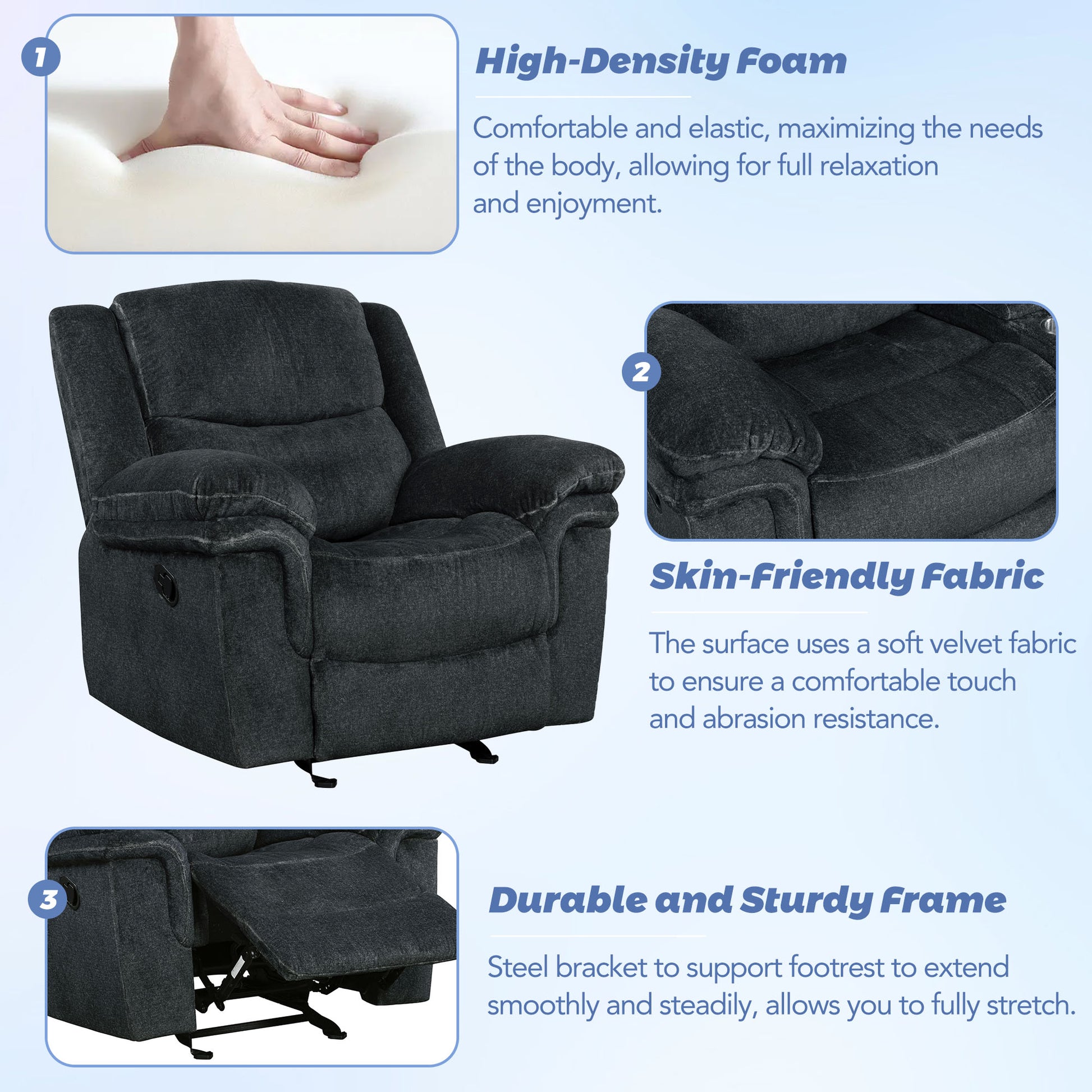 Home Theater Seating Manual Reclining Sofa For Living Room, Bedroom, Dark Blue Dark Blue Foam Velvet