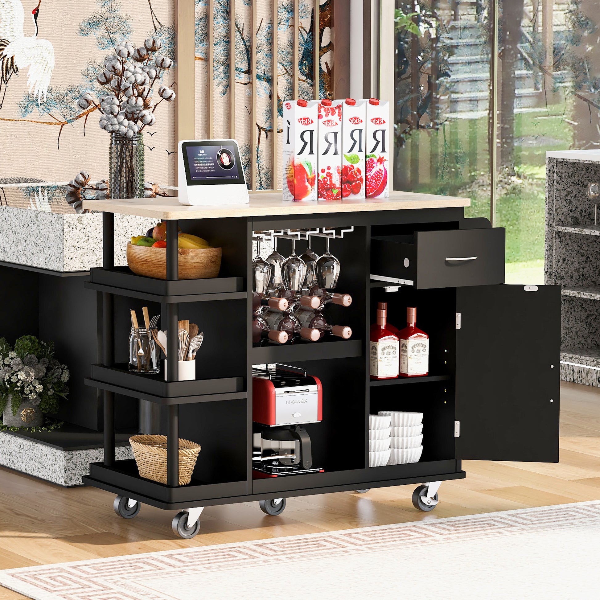 Multipurpose Kitchen Cart Cabinet with Side Storage black-mdf