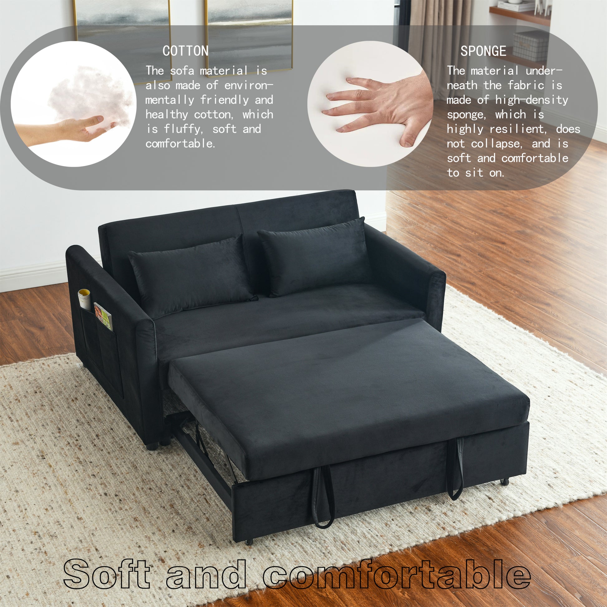 Convertible Sofa Bed, 3 In 1 Versatile Velvet Double Sofa With Pullout Bed, Seat With Adjustable Backrest, Lumbar Pillows, And Living Room Side Pockets, 54 Inch, Black Black Brown Velvet Wood Primary Living Space Soft Pillow Back Delicate Duty American