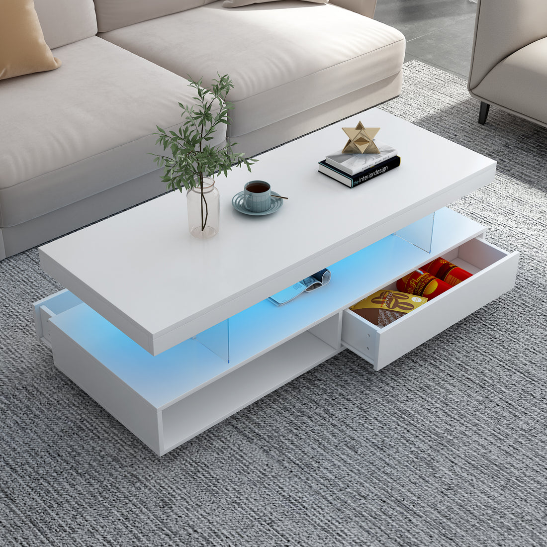 Led Coffee Table With Storage, Modern Center Table With 2 Drawers And Display Shelves, Accent Furniture With Led Lights For Living Room,White White Particle Board