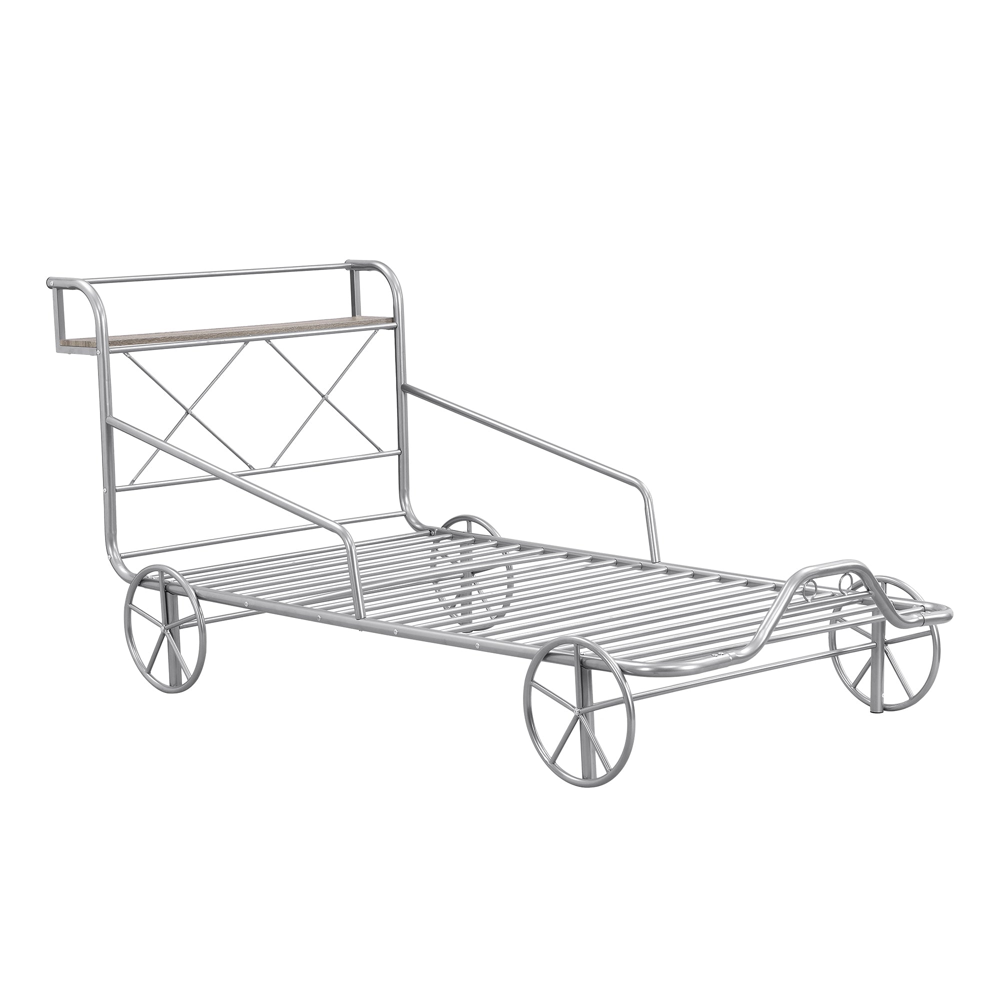 Twin Size Metal Car Bed with Four Wheels, Guardrails box spring not