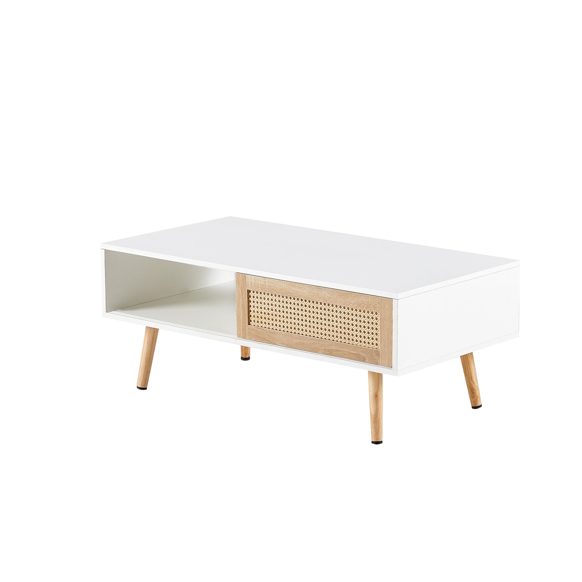 41.34" Rattan Coffee Table, Sliding Door For Storage, Solid Wood Legs, Modern Table For Living Room ,White White Solid Wood Mdf