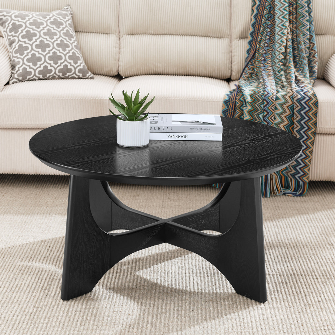 36" Round Coffee Table, Wooden Coffee Tables For Living Room Reception Room Black Black Primary Living Space Mdf