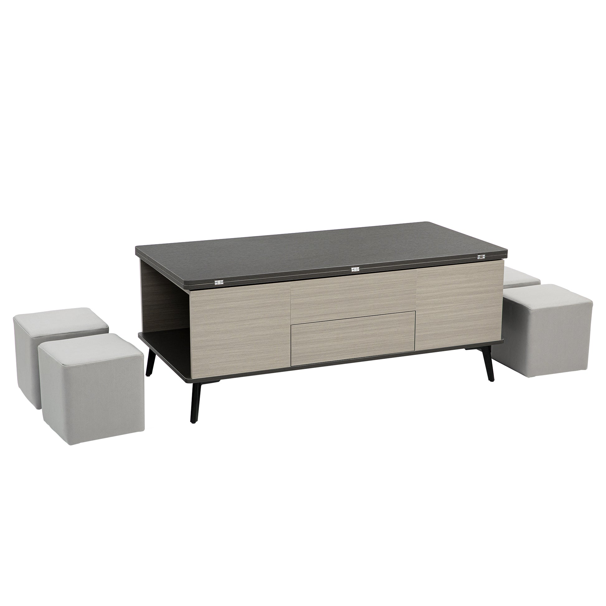 5 Pieces Lift Top Coffee Table Set With Storage Convertible Dining Table With Ottomans Dark Gray Fabric Mdf