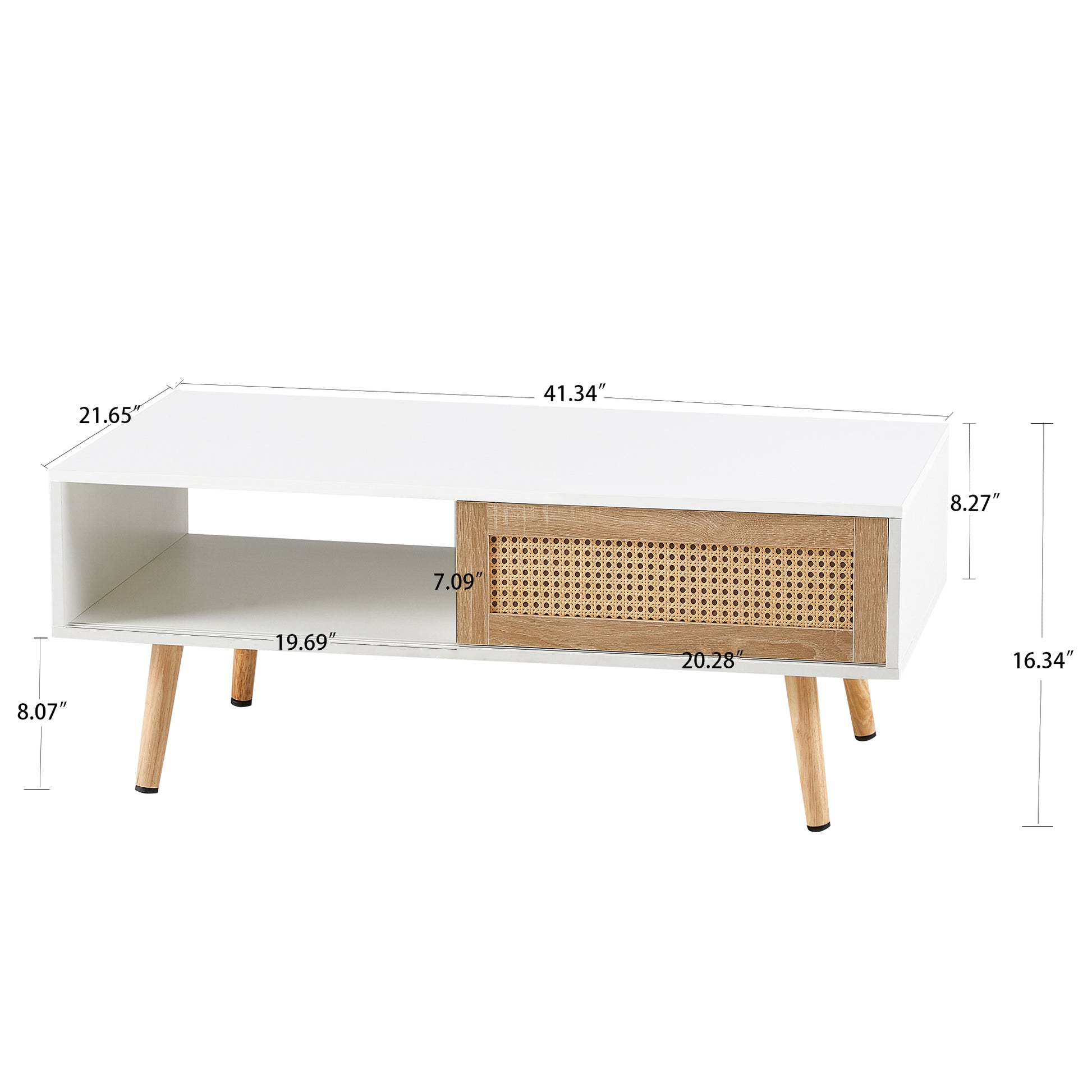 41.34" Rattan Coffee Table, Sliding Door For Storage, Solid Wood Legs, Modern Table For Living Room ,White White Solid Wood Mdf