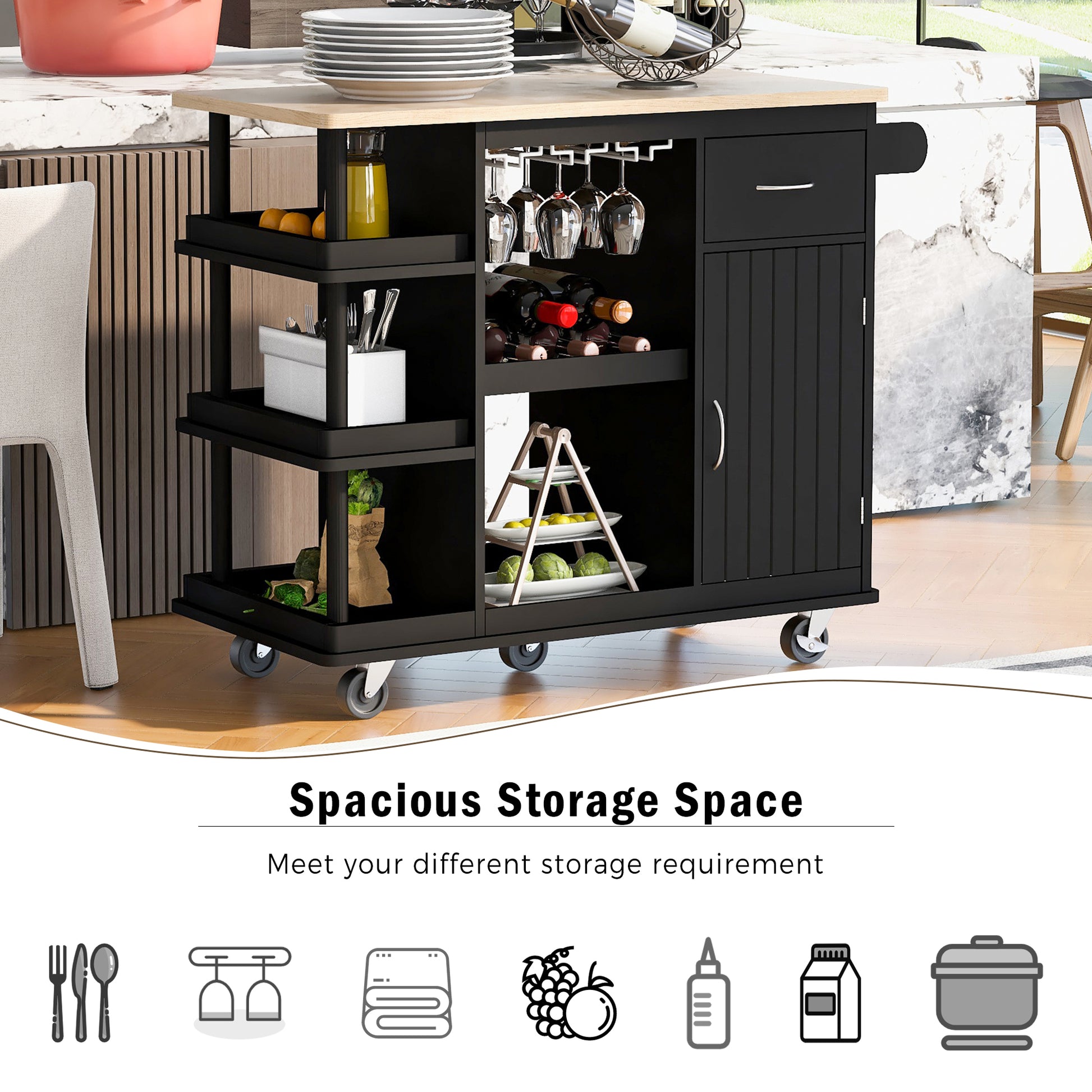 Multipurpose Kitchen Cart Cabinet with Side Storage black-mdf